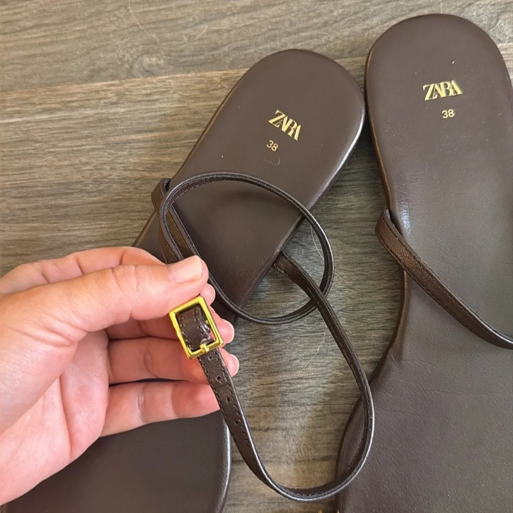 Zara Brown Leather Metal Toe Ring Sandals Size 38 - Picture 6 of 10